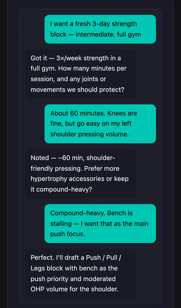AI agent chat intake gathering program goals before drafting.