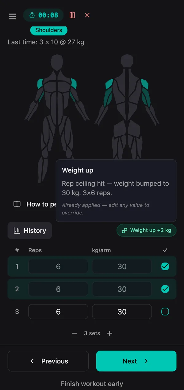 In-session sets table mid-workout.