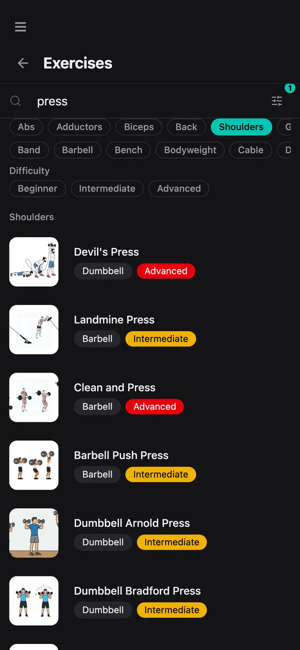 Exercise library search with filters open on Shoulders.