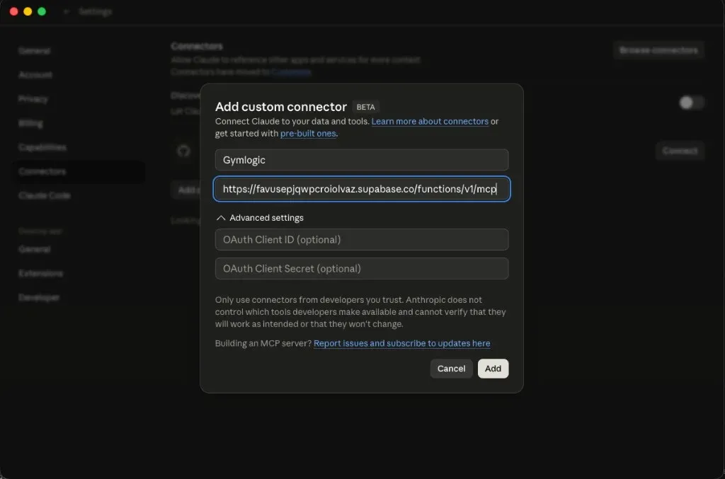 Claude Desktop Add custom connector dialog with the name 'Gymlogic' and the GymLogic MCP server URL filled in; OAuth Client ID and Secret left empty