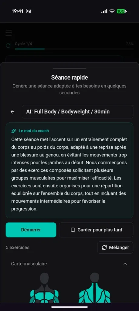 Quick Workout AI modal with rich coach-style reasoning over the generated session.