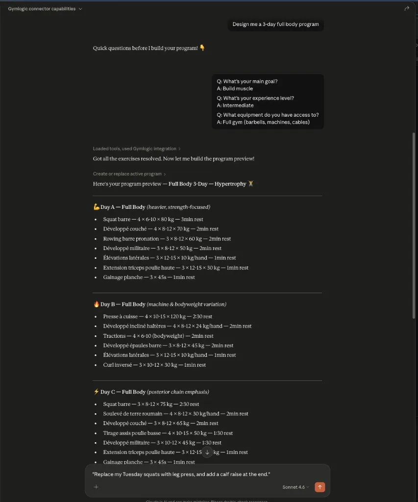 Claude Desktop generates a 3-day full body program inside the Gymlogic connector: bilingual exercise names, sets/reps/weight/rest formatting, and a follow-up prompt asking to replace Tuesday squats with leg press.