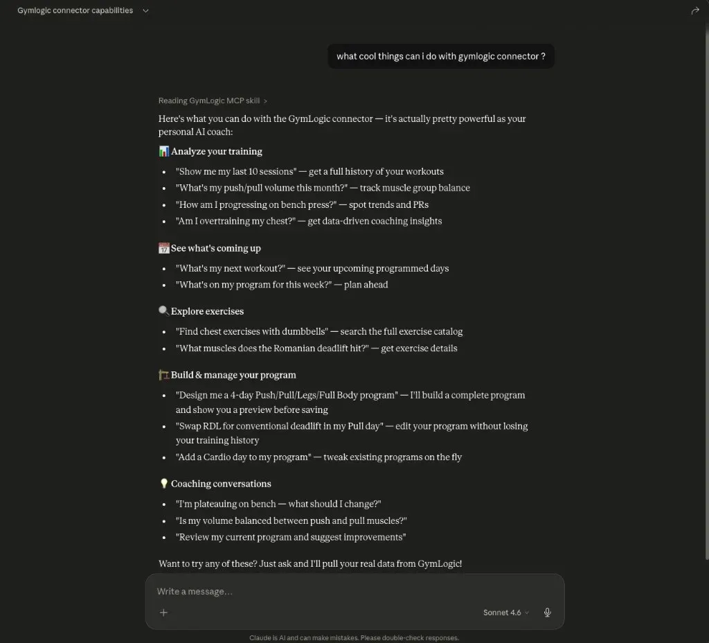 Claude Desktop chat showing the GymLogic connector listing capabilities — analyze training, see what's coming up, explore exercises, build programs, coaching conversations — with concrete example prompts under each section
