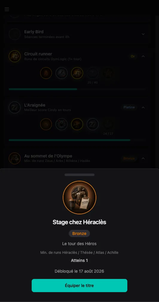 GymLogic Succès accordion with Circuit runner at Or 20/40, L’Araignée at Platine 24/27, and a Bronze drawer for Stage chez Héraclès on Le tour des Héros.