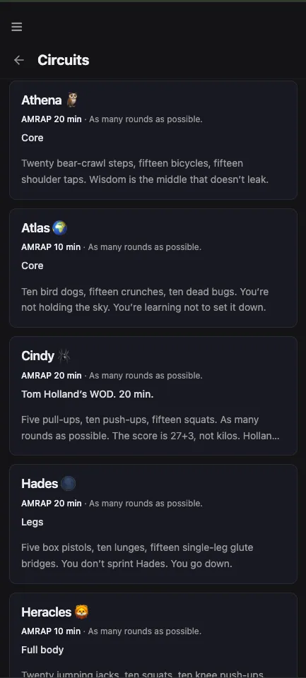 GymLogic Library Circuits shelf listing Athena, Atlas, Cindy, Hades, and Heracles as WOD cards with AMRAP caps and specialty taglines.