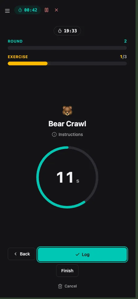 GymLogic Round Screen mid-AMRAP on Bear Crawl: Round 2, exercise 1 of 3, circular countdown at 11 seconds, Log and Finish controls.