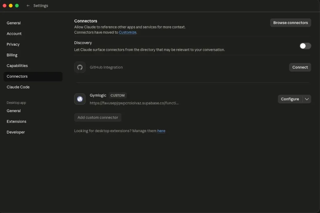 Claude Desktop Connectors panel showing the GymLogic Custom connector entry with a Configure dropdown, alongside the GitHub Integration default