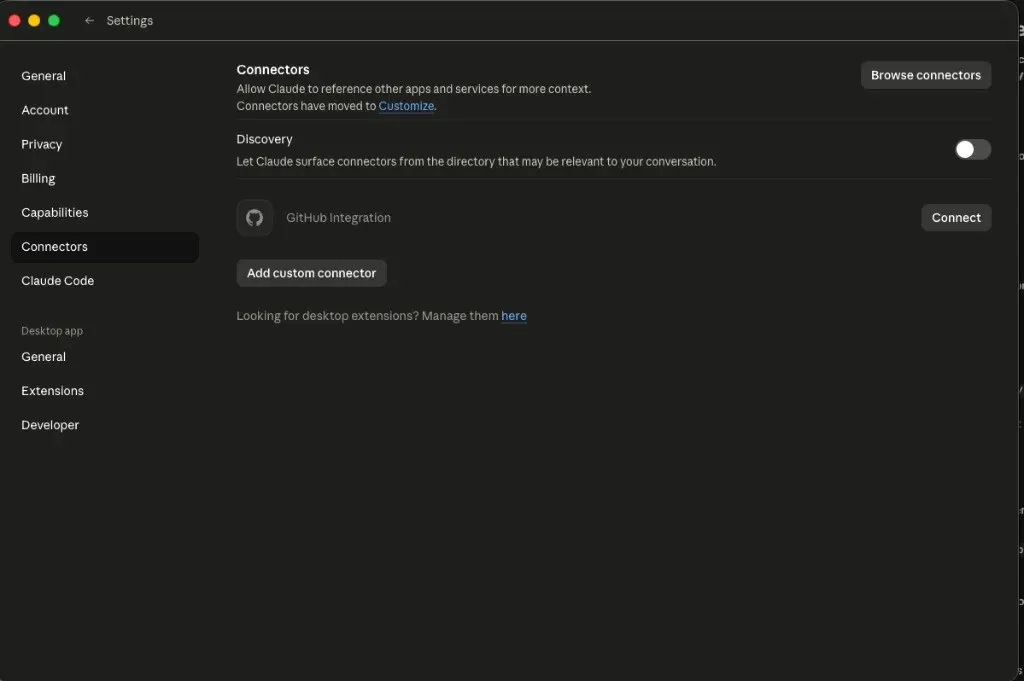 Claude Desktop Settings → Connectors panel showing the GitHub Integration default and the Add custom connector button
