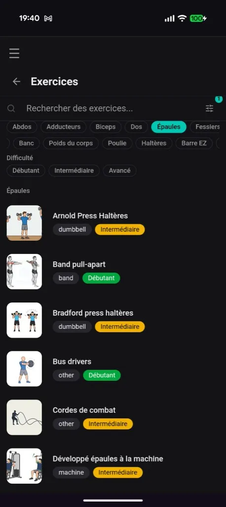 Exercise library with category filters, equipment chips, and difficulty badges.