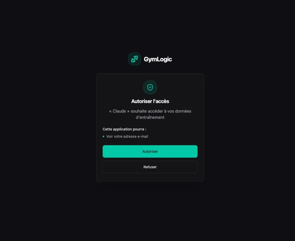 GymLogic OAuth consent page asking the user to authorize Claude to access their training data, with Authorize and Decline buttons