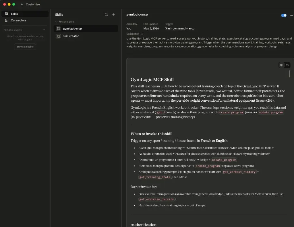 Claude Desktop Customize panel with Skills tab selected, showing the gymlogic-mcp skill loaded under Personal skills with description and content preview